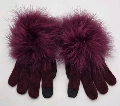 Guantes Kate Spade Pantalla Táctil Tejidos Piel de Zorro Pompones Burdeos Borgoña S/M Foto 1 de 4