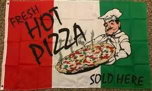 PIZZA FRESCA CALIENTE VENDIDA AQUÍ nueva 3x5 ft BANDERA calidad superior decoloración resistencia vendedor de nosotros - Imagen 1 de 4