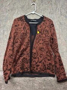Peruvian Connection Cardigan Black Burnt Orange Pima Cotton Metallic Art Knit L - Picture 1 of 8