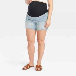 Isabel Denim Shorts Maternity Size 6 Blue Midi Crossover Panel Over Belly - Picture 1 of 12