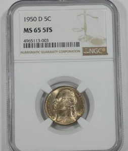 1950-D Jefferson Nickel CERTIFIED NGC MS 65 5-Full Steps 5c - Picture 1 of 4