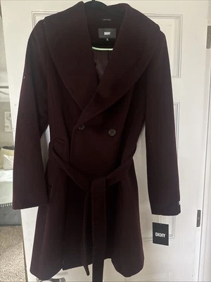 DKNY Women's Belted Trench Coat medium Burgundy/ Wine Color NWT  Wool Blend - Image 1 of 4