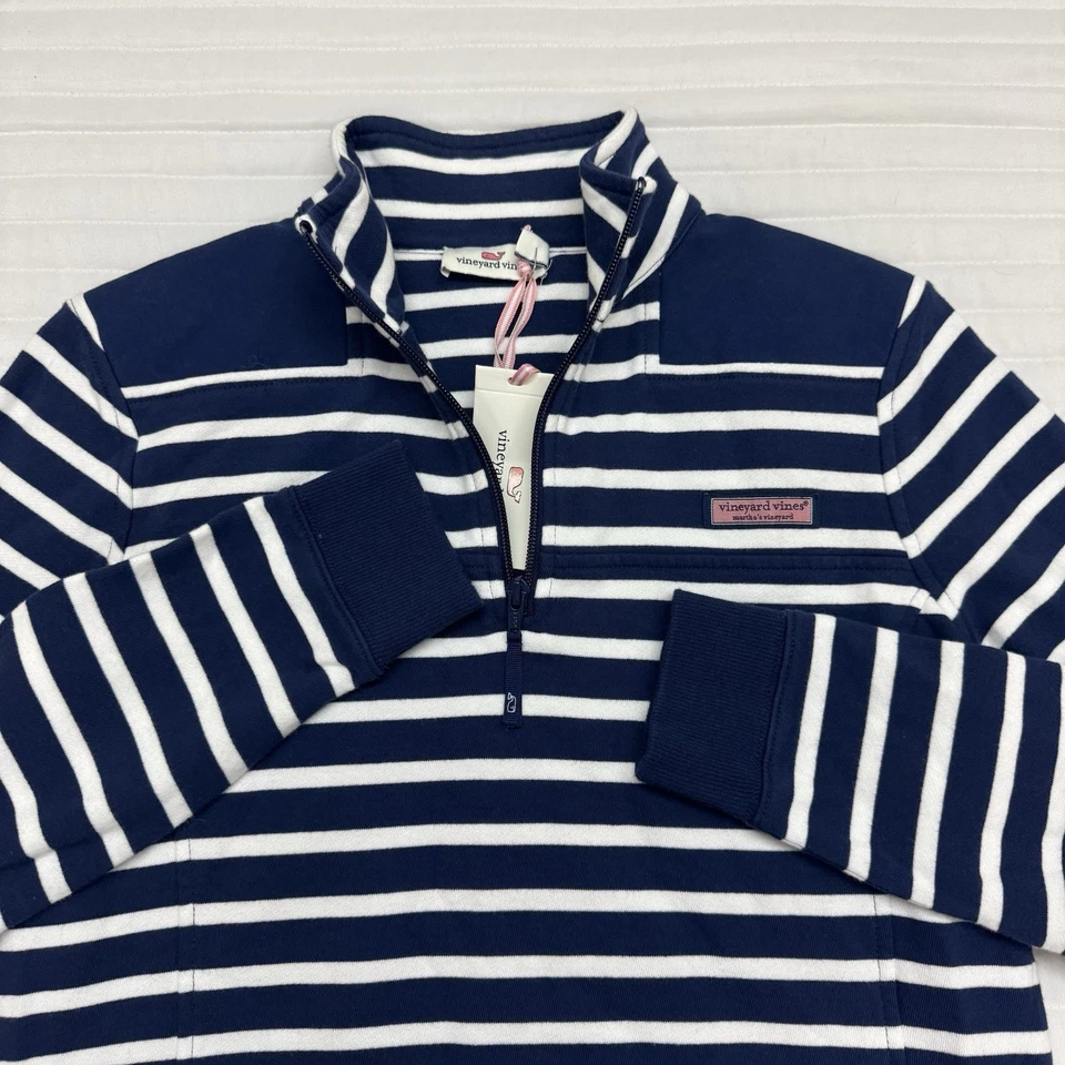 全新带标签 Vineyard Vines 女式条纹羊 1/4 拉链套衫蓝色白色 S 码 — 第 1/4 张图片