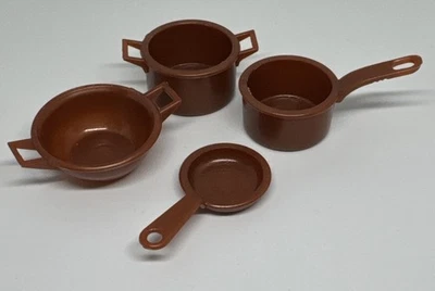 Vintage Barbie Kitchen Set, Brown Plastic Mini Pots & Pans (4) - Image 1 of 4