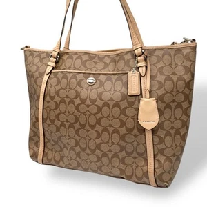 Coach Extra Large Tote Bag Signature Large Capacity Charm PVC Brown Authentic - Picture 1 of 20