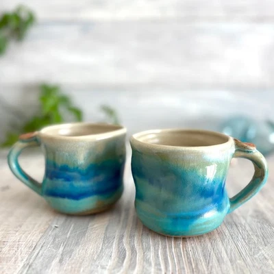 Taza de café de porcelana japonesa Mashiko-Yaki Ware esmalte turquesa 2 piezas Foto 1 de 4