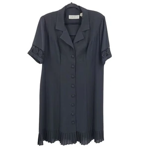 Vintage 80's Chaus Shift Dress 14W Black Button Front Lace Pleated Ruffle Hem - Picture 1 of 10