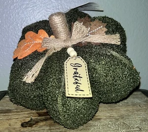 Primitive Dark Green Fabric Pumpkin With Jute Stem & Grateful Hang Tag NEW 6x8” - Picture 1 of 4