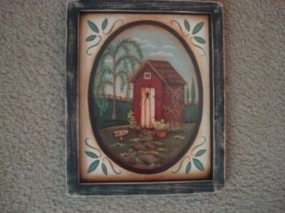  Primitive Country Print **HERS** OUT HOUSE black hand made frame 9"x 11" - Image 1 of 2