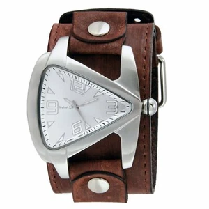 Nemesis Silver Oversized Teardrop Watch with Brown XL Stitch Leather Cuff Band - Bild 1 von 5