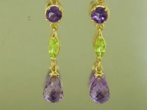 E060- Lovely 9ct SOLID Yellow Gold NATURAL Peridot & Amethyst Drop Earrings - Picture 1 of 4