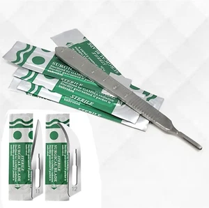 10 STERILE SURGICAL BLADES #11 #12 WITH FREE SCALPEL KNIFE HANDLE #3 - Picture 1 of 3