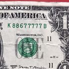Fancy Serial Number  Trinay Five In A Row 7s Dollar Bill Currency K 88677777 B .