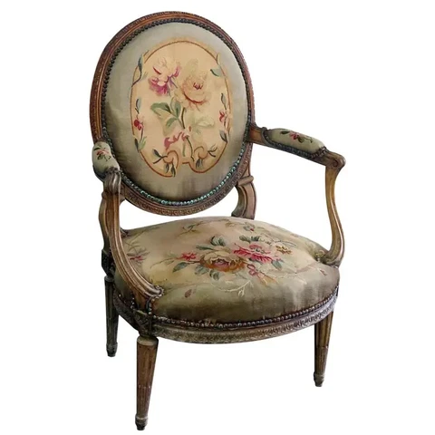 Louis XVI Style Tapestry Fauteuil Open Arm Parlor Chair Cover