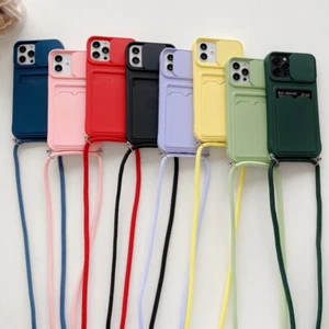For iPhone 16 15 14 13 12 Pro Max 11 XS 8 Slide Lens Silicone Lanyard Case Cover - Picture 1 of 20