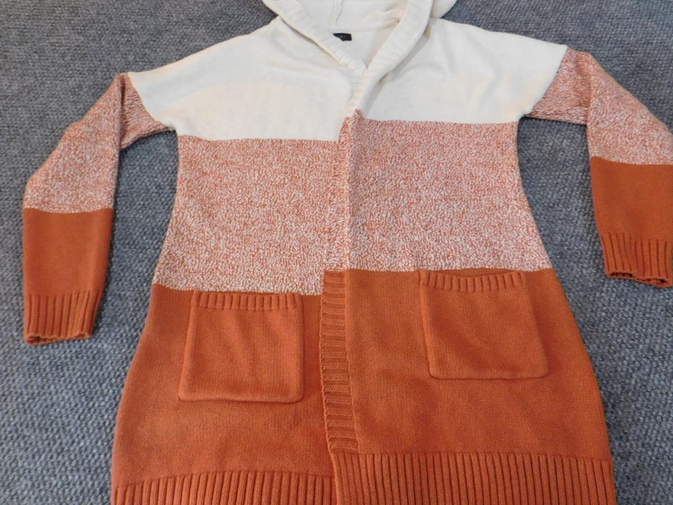 Tahari 毛衣中号橙色女式开衫条纹口袋针织保暖厚重 — 第 1/4 张图片