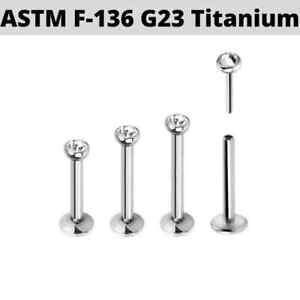 16G 18G 20G G23 Titanium Threadless Push In Click Pin CZ Labret Flatback Earring