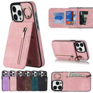 Para iPhone 11 12 13 14 15 16 Pro Max Anillo Soporte Billetera Tarjeta Cuero Estuche Cubierta - Imagen 1 de 78