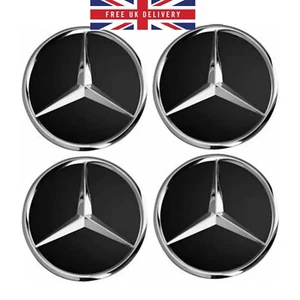4X Mercedes 60mm außen, 55mm Clips Durchmesser Alufelge Mittelkappen GLÄNZEND SCHWARZ - Bild 1 von 11