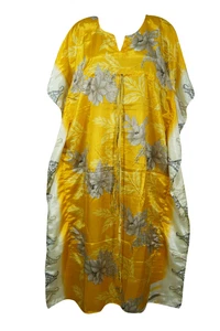 Women's Yellow Recycle Silk Maxi Kaftan SUMMER Hi Drawstring Maternity Dress 2XL