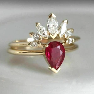 2.30Ct Pear Marquise Cut Pink Diamond Bridal Wedding Ring Set Yellow Gold Finish - Picture 1 of 7