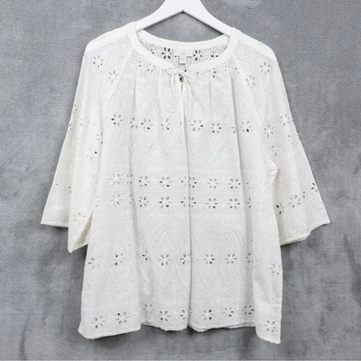 Blusa Campesina J JILL Ojales Algodón Cuello Atado Manga 3/4 Blanca Talla XL NUEVA CON ETIQUETAS Foto 1 de 4