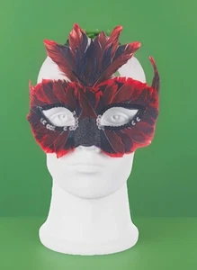 Masquerade Mask Men Woman Teen Red Black Feathers & Hard Plasticity Costume - Picture 1 of 7