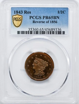 1843 BRAIDED HAIR 1/2C PCGS PR 65 BN - Image 1 of 4