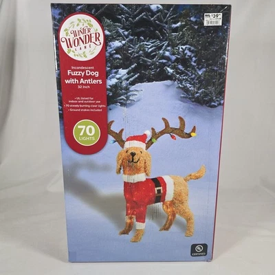 32” Goldendoodle Christmas Tinsel Dog w/ Antlers Light Up Yard Art Fuzzy  Decor - Image 1 of 4