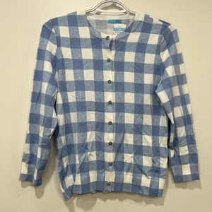 J Mclaughlin Tami Sweater Small NWT $198 Cardigan Knit Cotton Blue White Check - Picture 1 of 6
