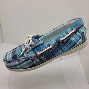 Sebago Seashore Two-Eye Blue Plaid Canvas Boat Shoes Size 9 M Excellent - Picture 1 of 11