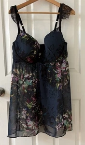 Cacique Lingerie 44DDD Silk Babydoll Teddy Underwire Panty Sexy Floral NEW Goth - Picture 1 of 15