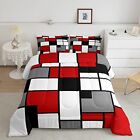 Grau schwarz rot weiß quadratisch Bettdecke Set Twin für Jungen Zwilling, Geometrie Raster 