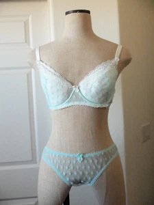 Mimi Holliday HUMMINGBIRD Sky Blue Polka Dot Tulle UW Plunge Bra 32DD & Bikini M - Picture 1 of 12