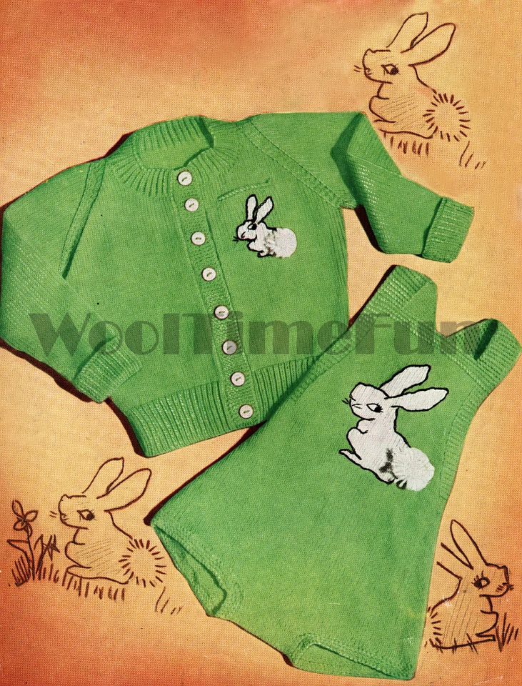 Knitting Pattern To Make Baby Cute Bunny Rabbit Rompers Dungarees & Cardigan - Image 1 of 1