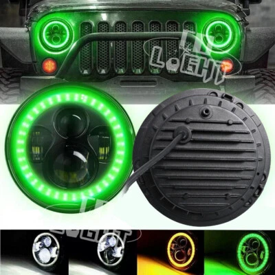 7" inch Round LED Headlight Green Halo DRL Beam For Jeep Wrangler JK LJ TJ CJ - Image 1 of 4