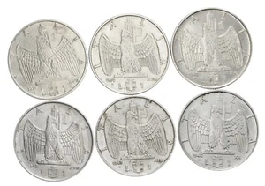 ITALIA Lotto 6 monete da 1 Lira Impero 1939 1940 1941 1942 Amagn + Magn - Ottime - Picture 1 of 2