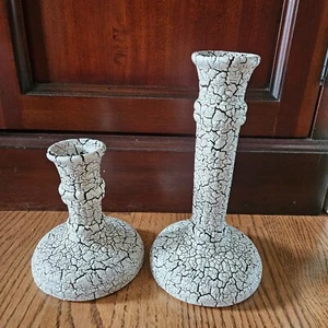 Haeger Candeliere Ceramica Smalto Crackle Colonna Portacandele 1996 Set di 2 Nero Avorio - Foto 1 di 17