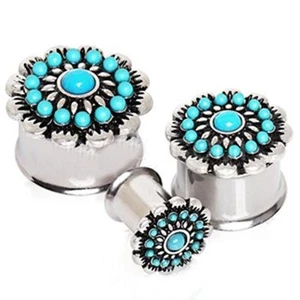 COPPIA-Tappi Orecchie Doppio Svasato Acciaio Fiore Turchese Calibro 14mm/9/16" - Foto 1 di 4