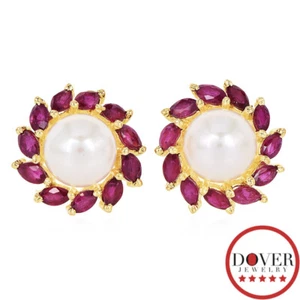 Estate Ruby Pearl 14K Gold Stud Earrings 3.5 Grams NR - Picture 1 of 5
