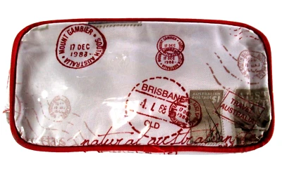 Natio Toiletries Bag Small Red & White Australian Stamps Theme Zip Close 19x10cm - Image 1 of 4