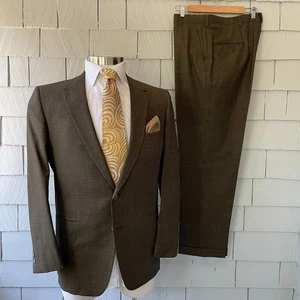 60s 70s Vintage Hart Schaffner Marx Mustard & Black Weave Mens 2pc Suit Size 38 - Picture 1 of 16
