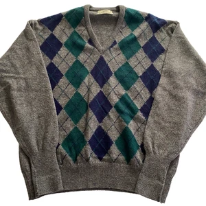 VTG Lord Jeff Men Argyle Lambswool Sweater Sz L  Made In Ireland Grandpa Classic - Picture 1 of 10