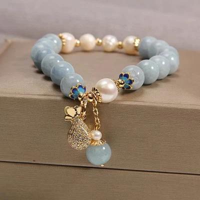 Pulsera Fengshui con dije de perlas aguamarina de piedra natural para mujer Foto 1 de 4