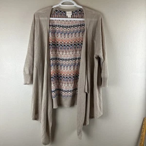 Chicos Size 2 Open Waterfall Front Cardigan Geometric Patterned Back Knit Sheer - Picture 1 of 8