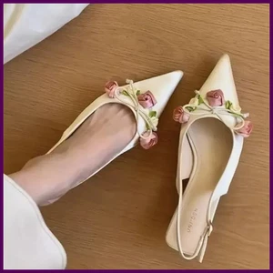 Women Pointed Toe Flowers Slingback Sandals Kitten Heels Satin Prom Shoes Pumps - Bild 1 von 27