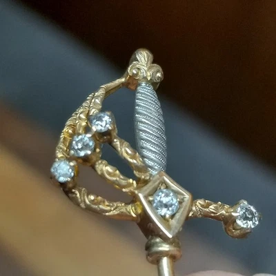 Antique Victorian 14K Gold And 5 Diamond Sword Lapel Pin W/ Hold On 2.74 Grams - Image 1 of 4
