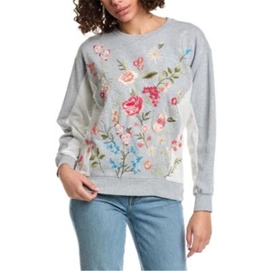 Johnny Was Womens Size S Catalina Contrast French Terry Sweatshirt Grey Boho - Picture 1 of 9