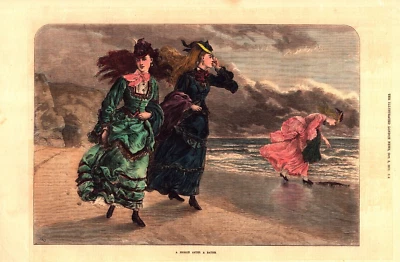 "BRISA DESPUÉS DE UN BAÑO" MODA, JUNTO AL MAR Antiguo grabado coloreado a mano 1872 Foto 1 de 3