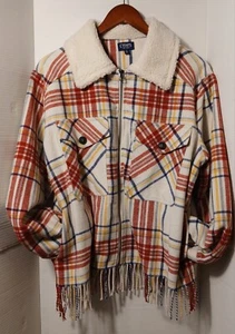 CHAPS W XL Fringe Plaid Jacket 4 pkts fleece collar wool Blend SOFT Equestrian - Picture 1 of 13